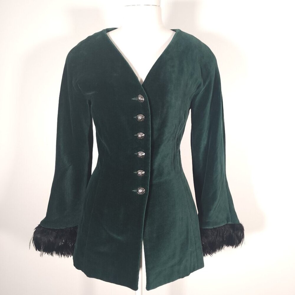 Vintage Myrene De Premonville Green Velvet Blazer w Bell Sleeve Feather Cuff XS